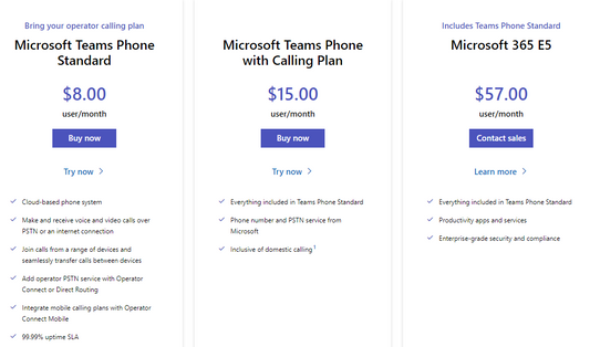 Microsoft TEAMS calling plans